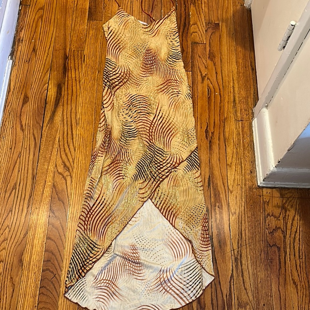 Asymmetrical Gold and Brown Patterned Dress